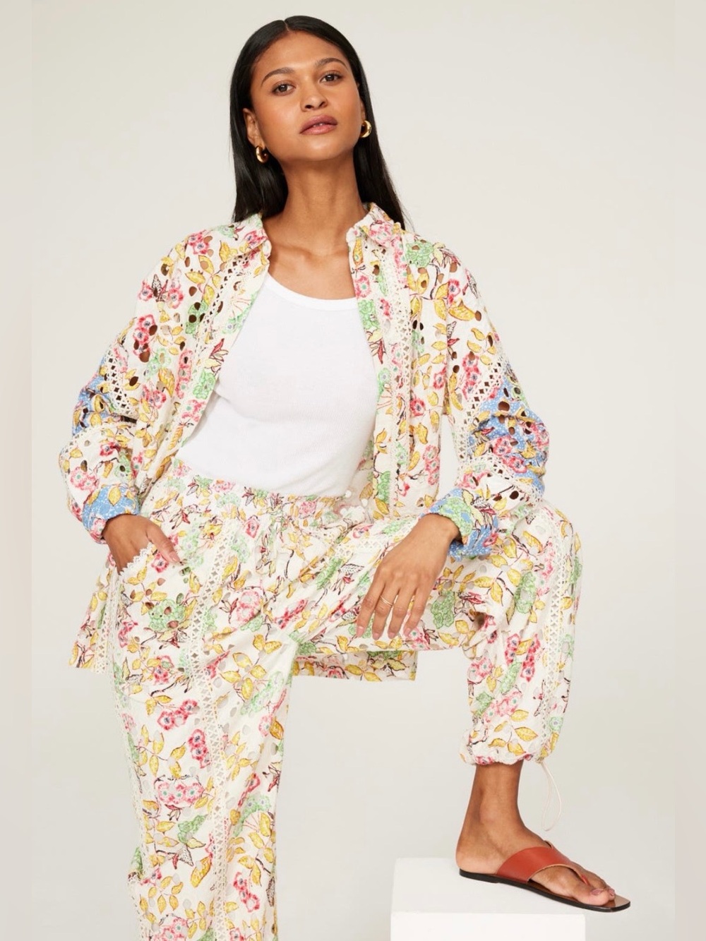 Hemant & Nandita Floral Embroidered Eyelet CottonCargo Pant Set - Size Large XL